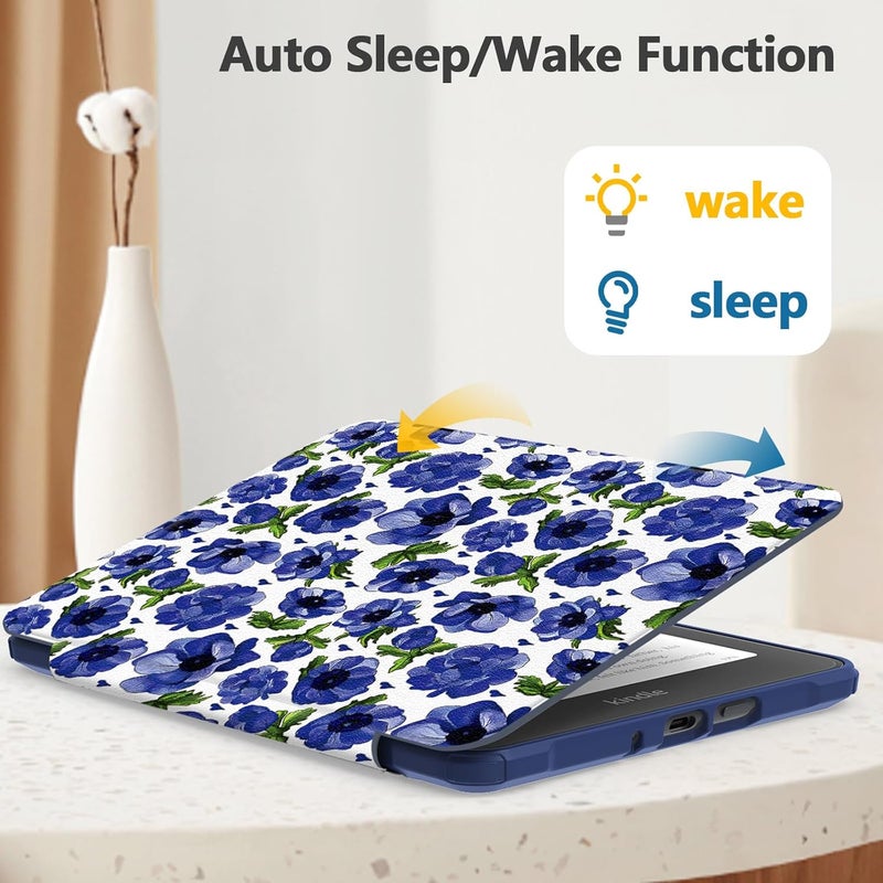 E NET-CASE Case for Kindle Paperwhite 12th Gen 2024 Released (7") & Kindle Colorsoft Signature Edition,Clear Back Shell Durable PU Leather Cover with Auto Sleep Wake,Blue Flowers - Image 4